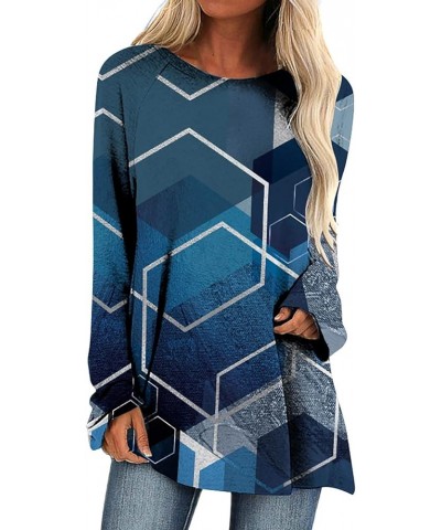 Loose Womens Argyle Tee Tops Geometric Print Long Sleeve Shirt Blouses Crew Neck Y2K Pattern Pullover Shirts Journey Y4-blue ...