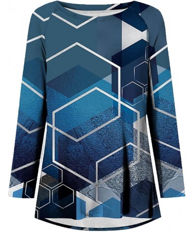 Loose Womens Argyle Tee Tops Geometric Print Long Sleeve Shirt Blouses Crew Neck Y2K Pattern Pullover Shirts Journey Y4-blue ...