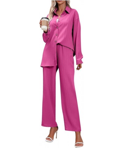 2 Piece Outfits for Women Fashion Solid Color Long Sleeve Loose Shirt Top High Waist Pants Two Piece Suit 1-hot Pink $22.19 S...