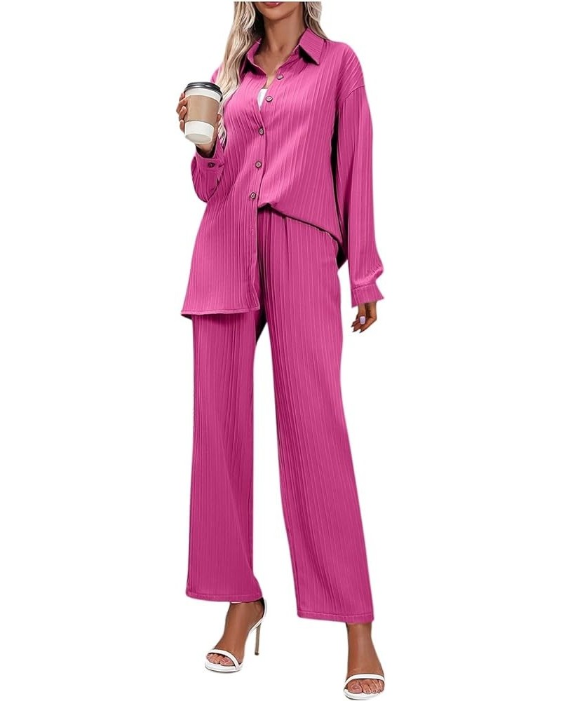 2 Piece Outfits for Women Fashion Solid Color Long Sleeve Loose Shirt Top High Waist Pants Two Piece Suit 1-hot Pink $22.19 S...