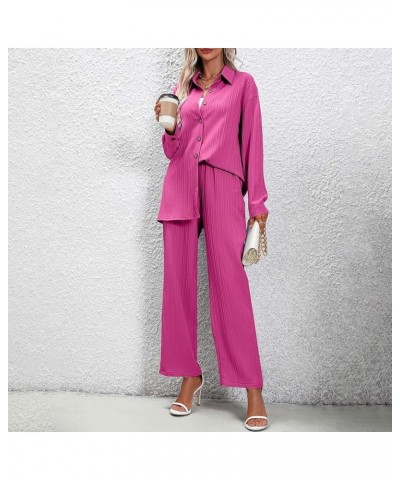 2 Piece Outfits for Women Fashion Solid Color Long Sleeve Loose Shirt Top High Waist Pants Two Piece Suit 1-hot Pink $22.19 S...