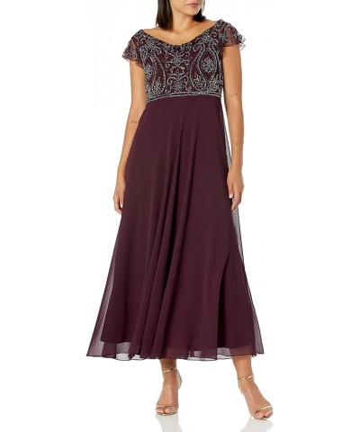 Women's Back and Front Cowlneck Beaded Short Sleeve Gown Wine Multi $34.33 Dresses