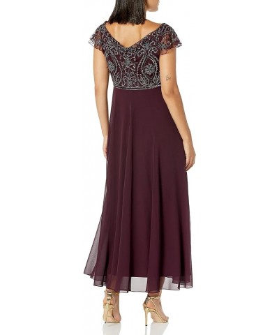 Women's Back and Front Cowlneck Beaded Short Sleeve Gown Wine Multi $34.33 Dresses