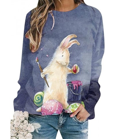 Women's Bunny Print Sweatshirt Bunny Easter Casual Jumper Plus Size Lightweight Tops Navy Blue $14.74 Hoodies & Sweatshirts