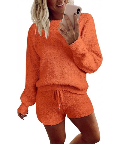 Women's 2024 Winter Fuzzy Fleece Leopard Long Sleeve Pajama Set 2 Piece Sweater Top and Shorts Loungewear Solidorange $25.50 ...