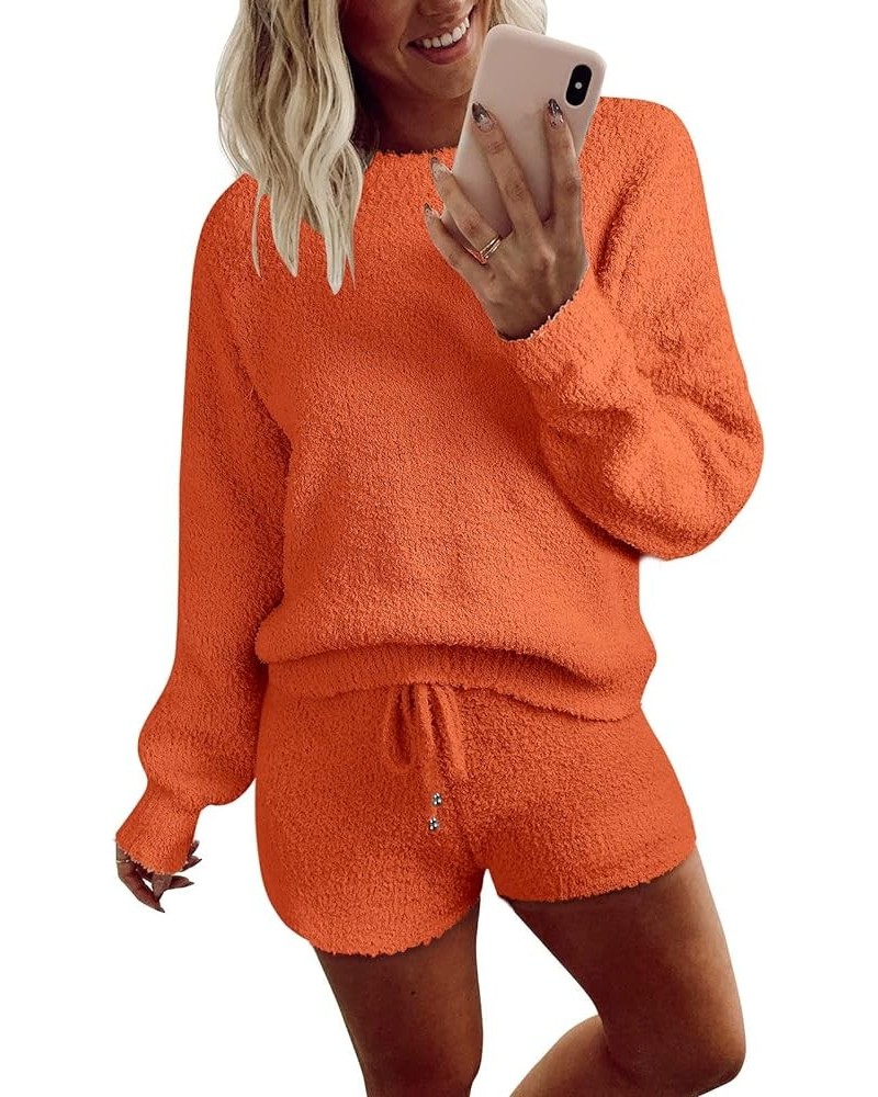 Women's 2024 Winter Fuzzy Fleece Leopard Long Sleeve Pajama Set 2 Piece Sweater Top and Shorts Loungewear Solidorange $25.50 ...