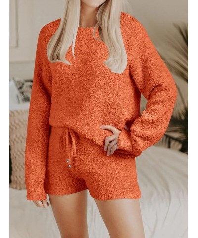 Women's 2024 Winter Fuzzy Fleece Leopard Long Sleeve Pajama Set 2 Piece Sweater Top and Shorts Loungewear Solidorange $25.50 ...