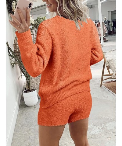 Women's 2024 Winter Fuzzy Fleece Leopard Long Sleeve Pajama Set 2 Piece Sweater Top and Shorts Loungewear Solidorange $25.50 ...