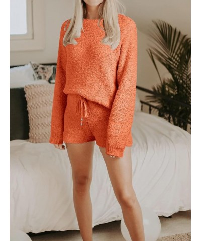 Women's 2024 Winter Fuzzy Fleece Leopard Long Sleeve Pajama Set 2 Piece Sweater Top and Shorts Loungewear Solidorange $25.50 ...