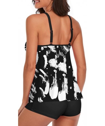 Tummy Control Tankini Swimsuits for Women's 2 Piece Bikini Long Tank Top with Boyshorts Bathing Suits Black & White Graffiti ...