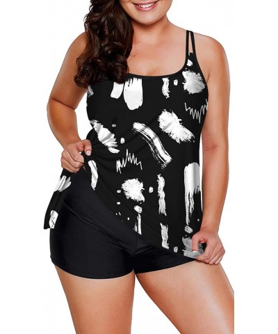 Tummy Control Tankini Swimsuits for Women's 2 Piece Bikini Long Tank Top with Boyshorts Bathing Suits Black & White Graffiti ...