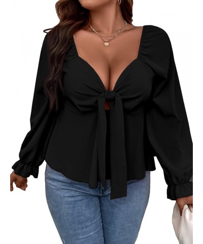 Women's Plus Size Long Sleeve Blouse Tie Front Sweetheart Neck Flounce Shirred Peplum Tops Black $18.72 Blouses