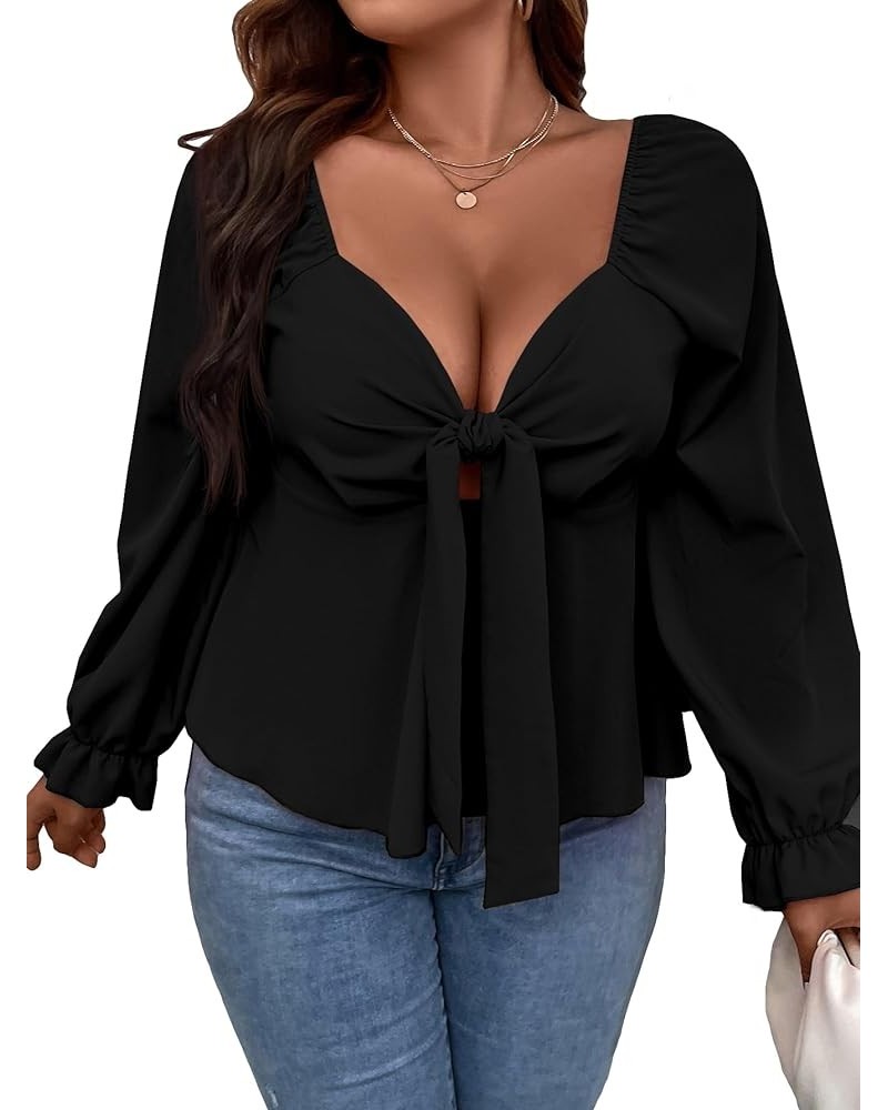 Women's Plus Size Long Sleeve Blouse Tie Front Sweetheart Neck Flounce Shirred Peplum Tops Black $18.72 Blouses