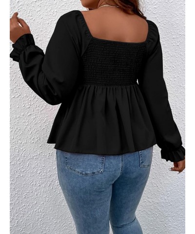 Women's Plus Size Long Sleeve Blouse Tie Front Sweetheart Neck Flounce Shirred Peplum Tops Black $18.72 Blouses