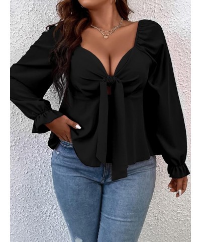 Women's Plus Size Long Sleeve Blouse Tie Front Sweetheart Neck Flounce Shirred Peplum Tops Black $18.72 Blouses