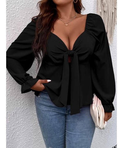 Women's Plus Size Long Sleeve Blouse Tie Front Sweetheart Neck Flounce Shirred Peplum Tops Black $18.72 Blouses