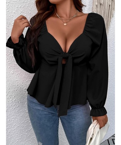 Women's Plus Size Long Sleeve Blouse Tie Front Sweetheart Neck Flounce Shirred Peplum Tops Black $18.72 Blouses