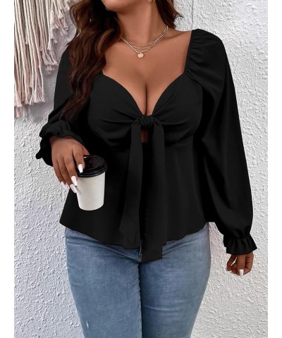 Women's Plus Size Long Sleeve Blouse Tie Front Sweetheart Neck Flounce Shirred Peplum Tops Black $18.72 Blouses