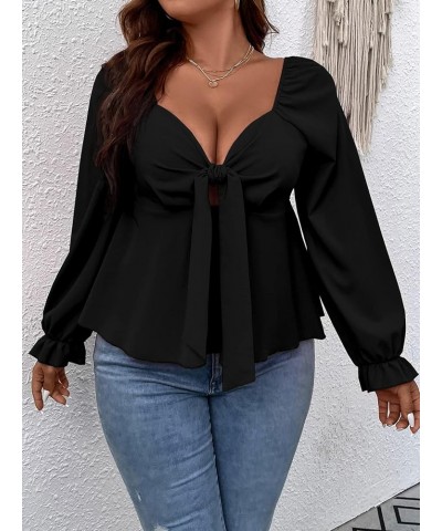 Women's Plus Size Long Sleeve Blouse Tie Front Sweetheart Neck Flounce Shirred Peplum Tops Black $18.72 Blouses