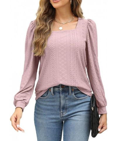 Womens Square Neck Tops Eyelet Long Sleeve Loose Casual Shirt Blouse Pink $11.72 Blouses