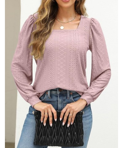 Womens Square Neck Tops Eyelet Long Sleeve Loose Casual Shirt Blouse Pink $11.72 Blouses