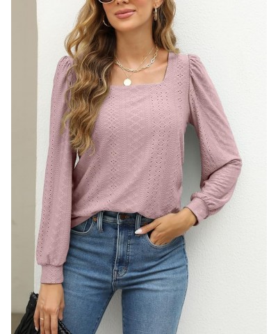 Womens Square Neck Tops Eyelet Long Sleeve Loose Casual Shirt Blouse Pink $11.72 Blouses