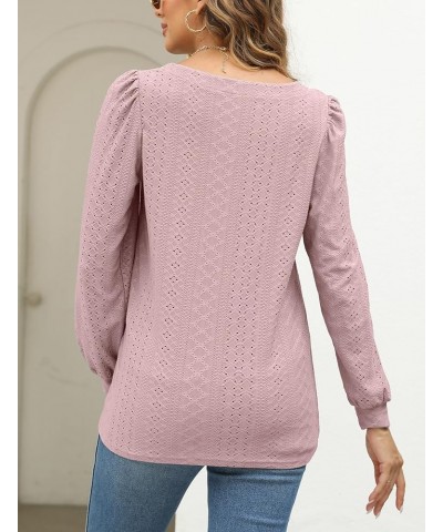 Womens Square Neck Tops Eyelet Long Sleeve Loose Casual Shirt Blouse Pink $11.72 Blouses