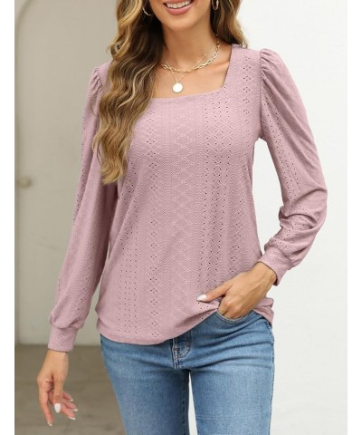 Womens Square Neck Tops Eyelet Long Sleeve Loose Casual Shirt Blouse Pink $11.72 Blouses