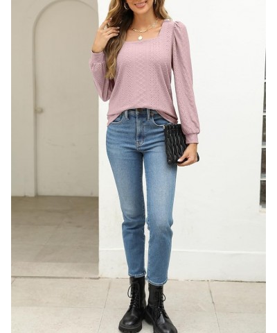 Womens Square Neck Tops Eyelet Long Sleeve Loose Casual Shirt Blouse Pink $11.72 Blouses