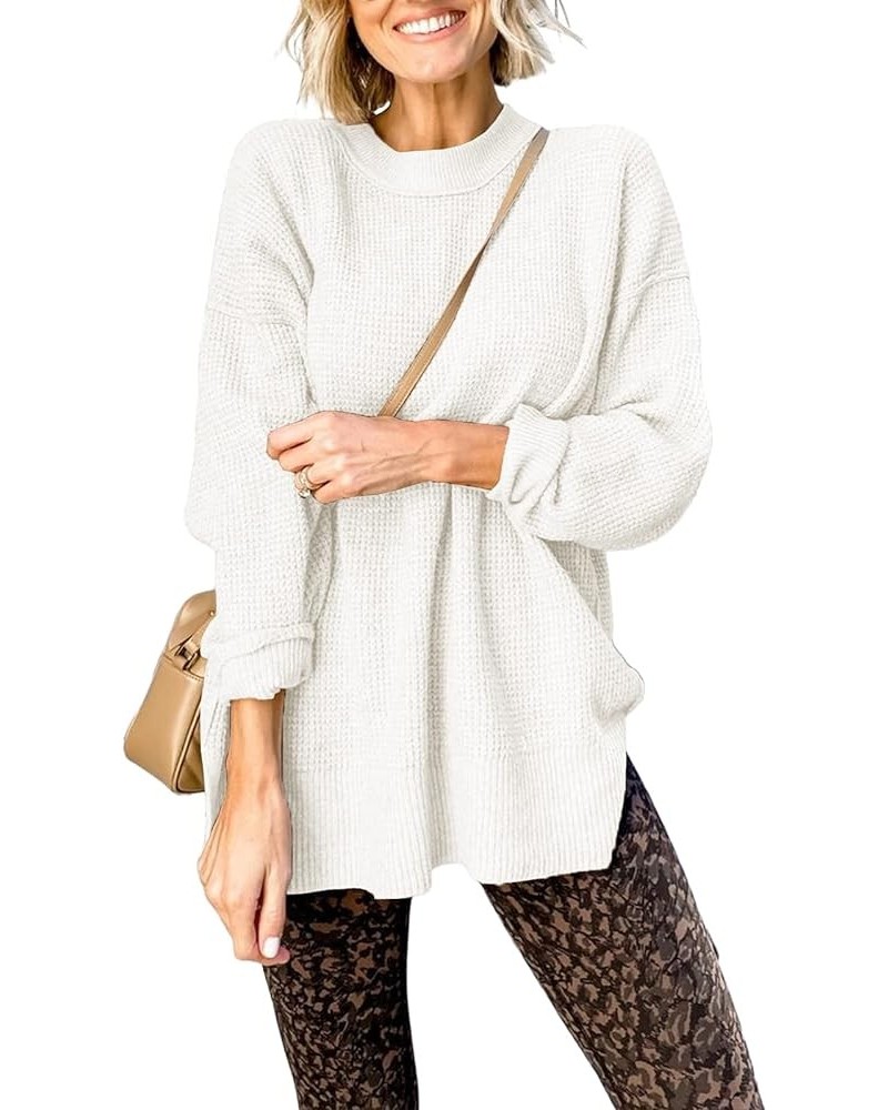 Womens Casual Crew Neck Waffle Knit Tunic Sweater Side Split Long Sleeve Pullover Sweaters Basic Jumper Tops White $20.57 Swe...