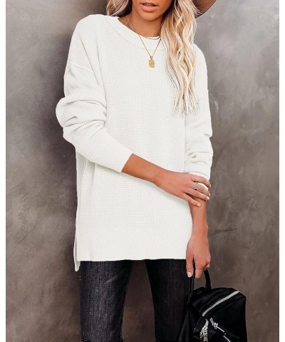 Womens Casual Crew Neck Waffle Knit Tunic Sweater Side Split Long Sleeve Pullover Sweaters Basic Jumper Tops White $20.57 Swe...