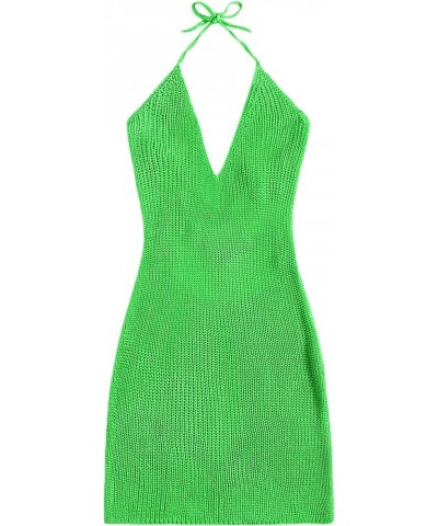 Women's Sleeveless Halter Tie Back Knitted Swim Beach Cover Up Dress Green $14.83 Swimsuits