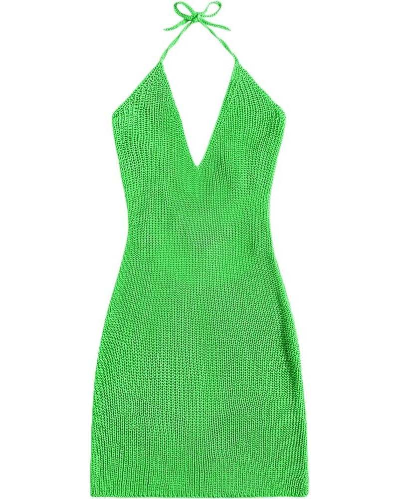 Women's Sleeveless Halter Tie Back Knitted Swim Beach Cover Up Dress Green $14.83 Swimsuits