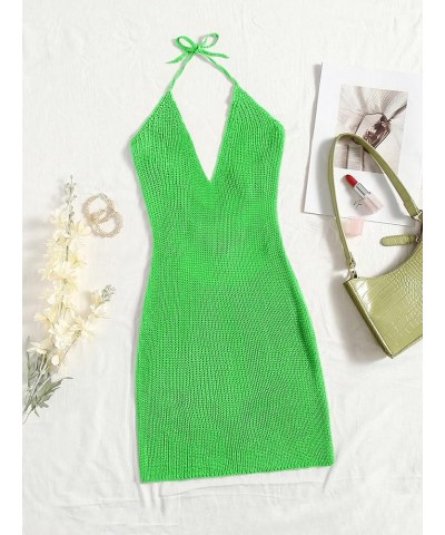 Women's Sleeveless Halter Tie Back Knitted Swim Beach Cover Up Dress Green $14.83 Swimsuits