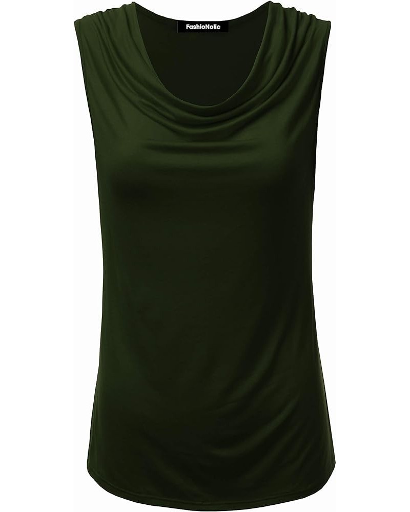 Women's Cowl Neck Ruched Draped Sleeveless Stretchy Blouse Casual Tank Top (Made in USA) Phi419-olive $11.96 Tops