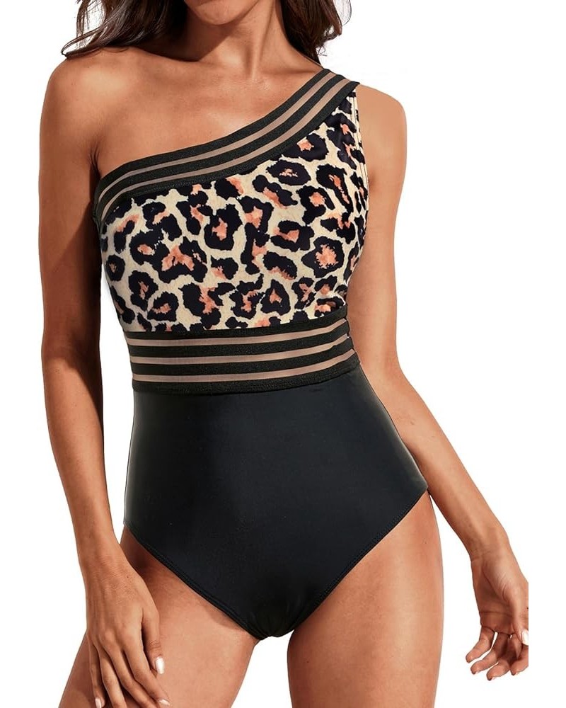 Women One Piece Swimsuits Tummy Control One Shoulder Bathing Suits Ruffle Swimwear Black Leopard $18.19 Swimsuits