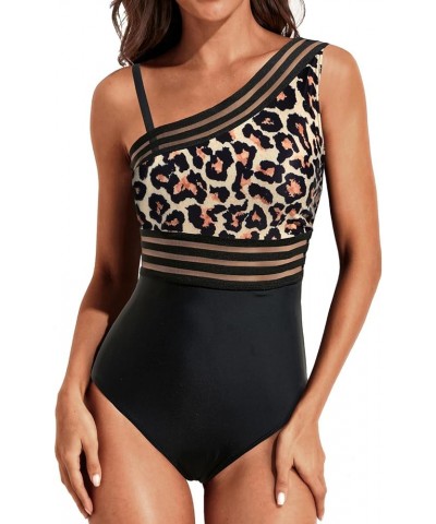 Women One Piece Swimsuits Tummy Control One Shoulder Bathing Suits Ruffle Swimwear Black Leopard $18.19 Swimsuits