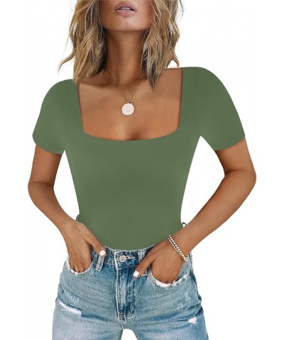 Women's Sexy Square Neck Short Sleeve Bodysuit Tops Double Lined Thong Bodysuit D-olive Green $15.59 Lingerie