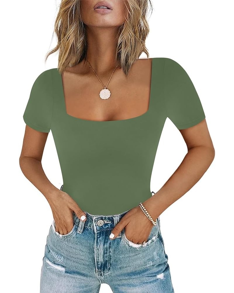 Women's Sexy Square Neck Short Sleeve Bodysuit Tops Double Lined Thong Bodysuit D-olive Green $15.59 Lingerie