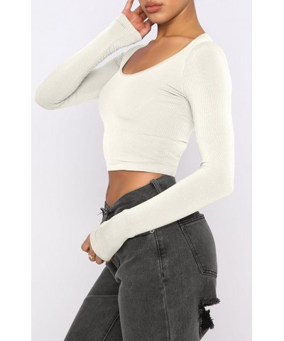 Long Sleeve Crop Top for Women Scoop Neck Casual Slim Fitted Ribbed Workout Sexy Basic Tight Tees White $11.75 T-Shirts