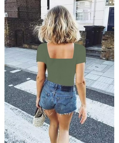 Women's Sexy Square Neck Short Sleeve Bodysuit Tops Double Lined Thong Bodysuit D-olive Green $15.59 Lingerie