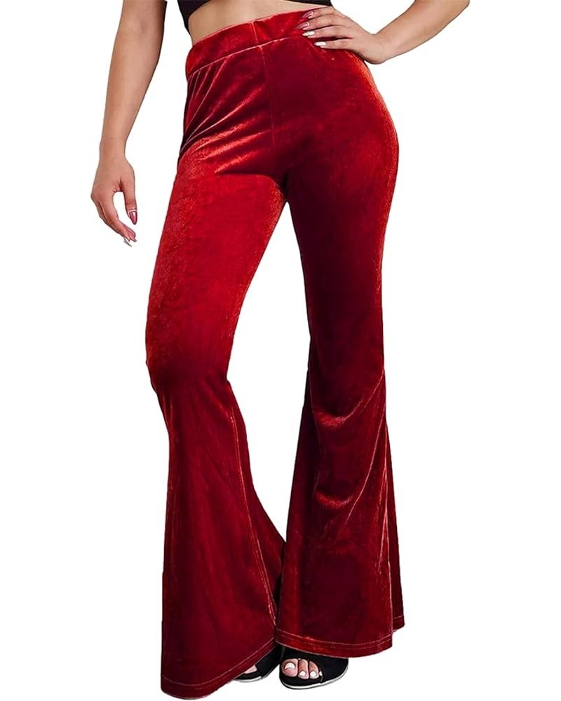 Women 's Velvet Flare Pants High Waist Bell Bottom Solid Color Slim Fit Casual Long Trousers Bootcut Pants Red $11.79 Pants