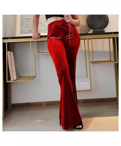 Women 's Velvet Flare Pants High Waist Bell Bottom Solid Color Slim Fit Casual Long Trousers Bootcut Pants Red $11.79 Pants