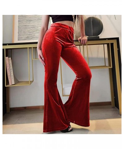 Women 's Velvet Flare Pants High Waist Bell Bottom Solid Color Slim Fit Casual Long Trousers Bootcut Pants Red $11.79 Pants