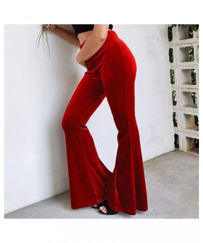 Women 's Velvet Flare Pants High Waist Bell Bottom Solid Color Slim Fit Casual Long Trousers Bootcut Pants Red $11.79 Pants