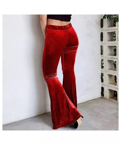 Women 's Velvet Flare Pants High Waist Bell Bottom Solid Color Slim Fit Casual Long Trousers Bootcut Pants Red $11.79 Pants