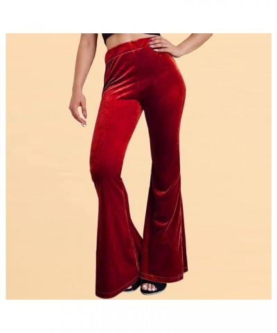 Women 's Velvet Flare Pants High Waist Bell Bottom Solid Color Slim Fit Casual Long Trousers Bootcut Pants Red $11.79 Pants