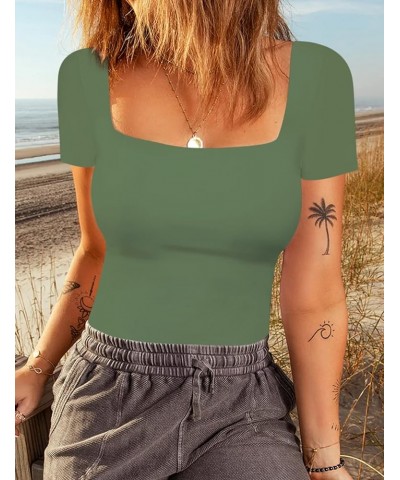 Women's Sexy Square Neck Short Sleeve Bodysuit Tops Double Lined Thong Bodysuit D-olive Green $15.59 Lingerie