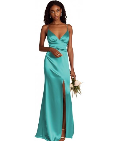 Spaghetti Straps Bridesmaid Dresses Long for Women A-Line Satin Formal Gown with Slit Turquoise $31.34 Dresses