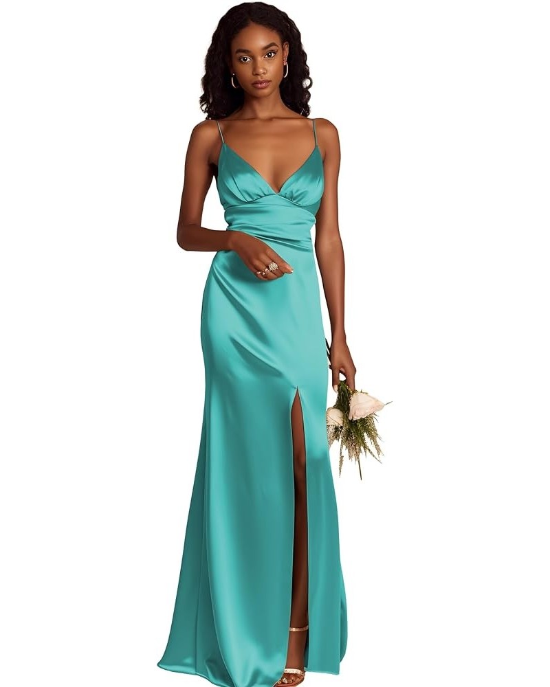 Spaghetti Straps Bridesmaid Dresses Long for Women A-Line Satin Formal Gown with Slit Turquoise $31.34 Dresses